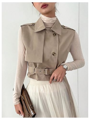 41fY1Z6ac6L.jpg Women's Sleeveless Cropped Trench Coat with Belted Lapel Collar Vest Coat