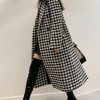 Women's Winter Houndstooth Double Breasted Trench Coat Notch Lapel Wool Blend Warm Quilted Lined Long Overcoat