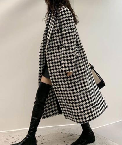 Women's Winter Houndstooth Double Breasted Trench Coat Notch Lapel Wool Blend Warm Quilted Lined Long Overcoat