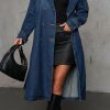 Women Vintage Double Breasted Mid Long Denim Jacket Jean Trench Coat Duster Blazer Jacket Windbreaker Belt