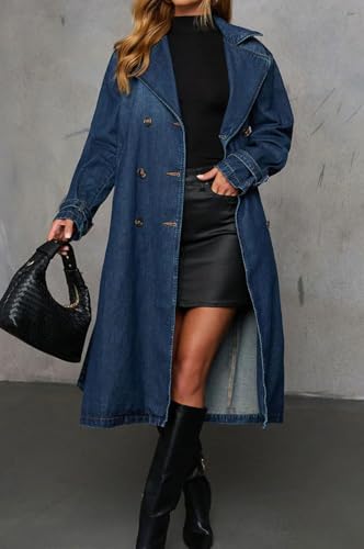 Women Vintage Double Breasted Mid Long Denim Jacket Jean Trench Coat Duster Blazer Jacket Windbreaker Belt