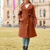 Womens Winter Coat 2024 Fall Casual Notch Lapel Single Breasted Belted Midi Peacoat with Pockets