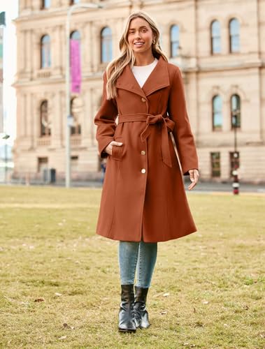 Womens Winter Coat 2024 Fall Casual Notch Lapel Single Breasted Belted Midi Peacoat with Pockets