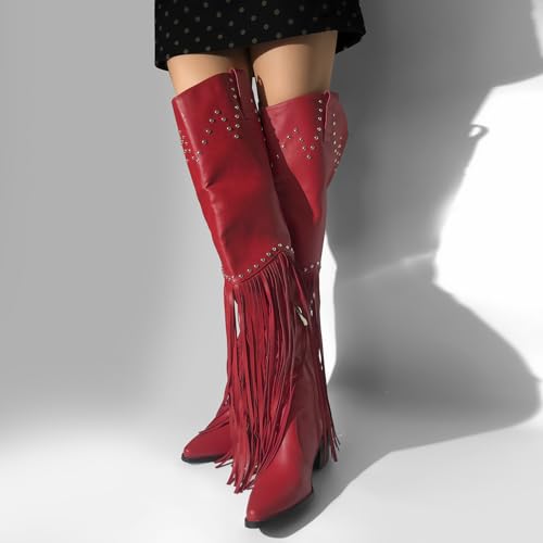 Fringe Thigh High Boots with Tassels Wide Calf Over Knee Western Cowboy Boots