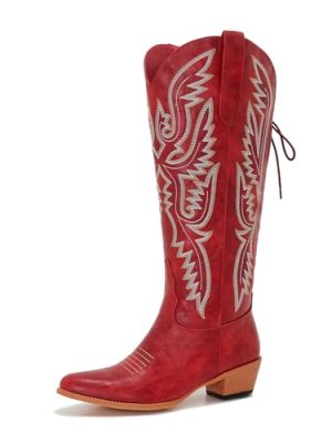 Wide Calf Cowboy Boots Women Knee High Tall Western Cowgirl Boots Adjustable Lace Up Plus Size Comfortable 2-Inch Heel