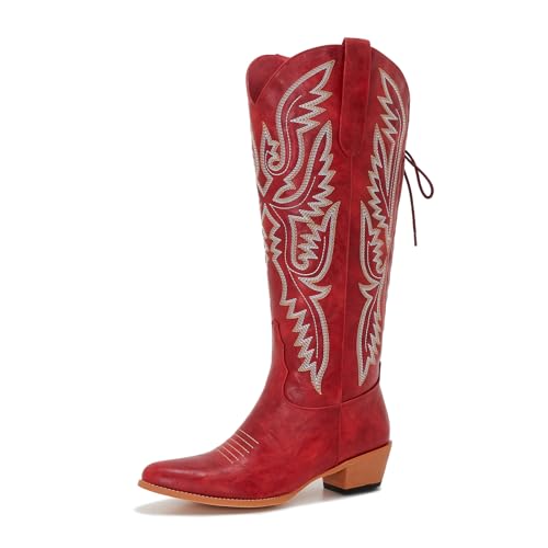 Wide Calf Cowboy Boots Women Knee High Tall Western Cowgirl Boots Adjustable Lace Up Plus Size Comfortable 2-Inch Heel