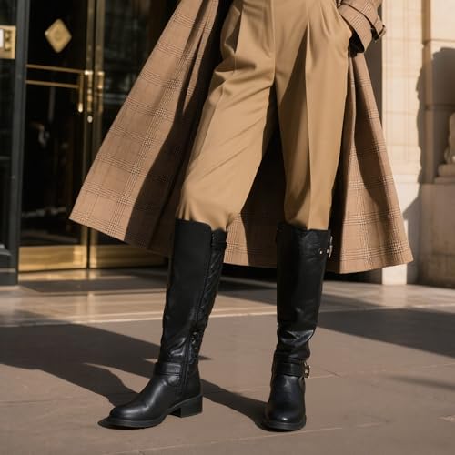 41hS6zSFd2L.jpg Women's Knee High Boots Low Block Heel Riding Boots Round Toe Side Zipper Biker Motorcycle Buckle Boots