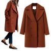 Women's Wool Blend Double Breasted Pea Coat Notched Lapel Mid Long Trench Overcoat with Pockets