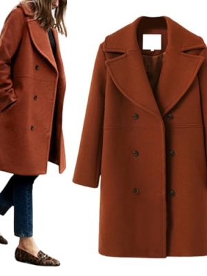 Women's Wool Blend Double Breasted Pea Coat Notched Lapel Mid Long Trench Overcoat with Pockets