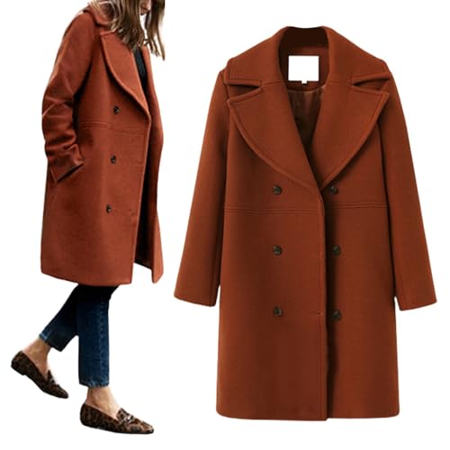 Women's Wool Blend Double Breasted Pea Coat Notched Lapel Mid Long Trench Overcoat with Pockets