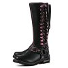 Women's Harness Motorcycle Riding Boots for Biker, Square Toe Lace Up Knee High Boots with Side Zipper, Black PU Leather