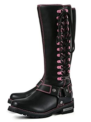 Women's Harness Motorcycle Riding Boots for Biker, Square Toe Lace Up Knee High Boots with Side Zipper, Black PU Leather