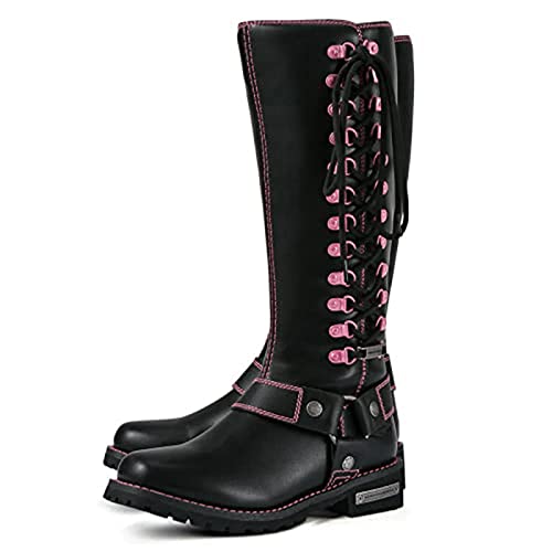 Women's Harness Motorcycle Riding Boots for Biker, Square Toe Lace Up Knee High Boots with Side Zipper, Black PU Leather