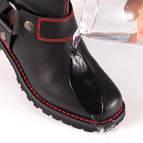 Women's Harness Motorcycle Riding Boots for Biker, Square Toe Lace Up Knee High Boots with Side Zipper, Black PU Leather