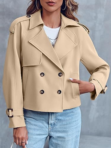 41iKrm2d2CL.jpg Women Crop Double Breasted Trench Coat Raglan Sleeve Work Office Cropped Jacket With Pockets