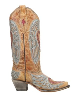 CORRAL LADIE'S SAND HEART & WINGS OVERLAY & EMBROIDERY & STUDS, SNIP TOE, LEATHER SOLE, WESTERN, A4235