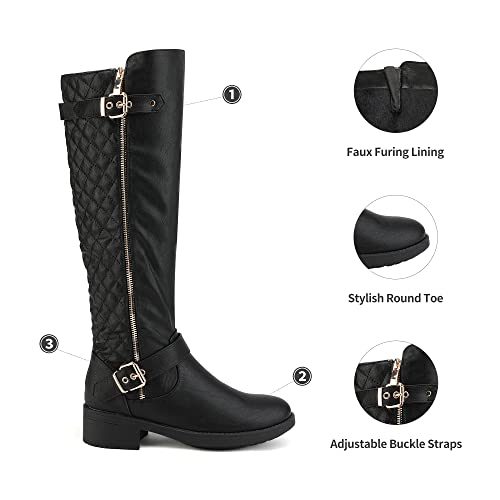 41ix6nnRLL.jpg Women's Knee High Boots Low Block Heel Riding Boots Round Toe Side Zipper Biker Motorcycle Buckle Boots