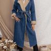 Womens Warm Winter Sherpa Fleece Lined Long Denim Coat Windproof Thick Denim Trench Coat with Belt