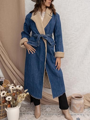 Womens Warm Winter Sherpa Fleece Lined Long Denim Coat Windproof Thick Denim Trench Coat with Belt