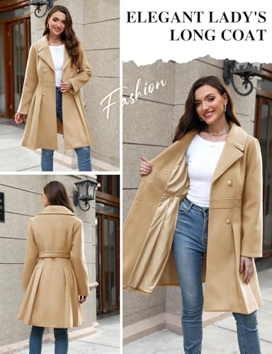 Women’s Wool Blend Trench Coat Slim Double Breasted Notch Lapel Pea Coat Thick A Line Jacket with Pockets(S-XXL)