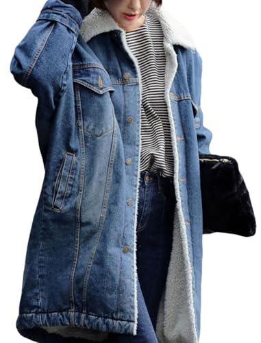 41jq0qTPBtL.jpg Women Long Sherpa Fleece Lined Jeans Jacket Denim Trench Coat Thicken Button Down Patchwork Trucker Coat Overcoat