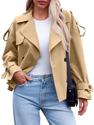 41kYr3DXL.jpg Womens Cropped Trench Coat Casual Double Breasted Short Jacket Fall Fashion Outerwear with Belt