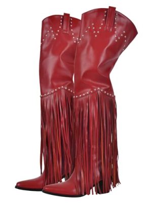 Fringe Thigh High Boots with Tassels Wide Calf Over Knee Western Cowboy Boots