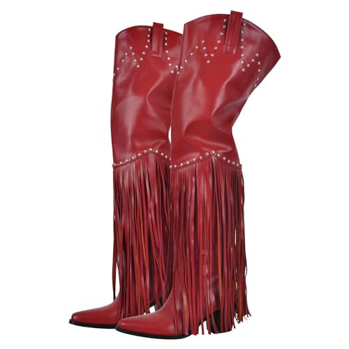 Fringe Thigh High Boots with Tassels Wide Calf Over Knee Western Cowboy Boots
