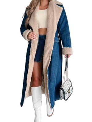 Womens Warm Winter Sherpa Fleece Lined Long Denim Coat Windproof Thick Denim Trench Coat with Belt