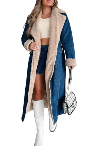 Womens Warm Winter Sherpa Fleece Lined Long Denim Coat Windproof Thick Denim Trench Coat with Belt