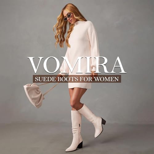 41lVJFHtcAL.jpg Knee High Boots Women Suede Boots Pointy Toe Chunky Block Heels Side Zipper Wide Calf Boots Fashion Dress Tall Boots Fall Winter