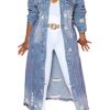 Women's Spring Fashion Ripped Holes Maxi Long Denim Jacket Trench Coat