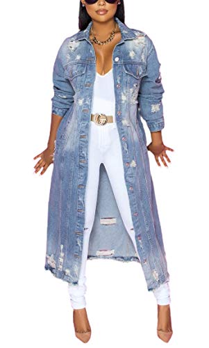 Women's Spring Fashion Ripped Holes Maxi Long Denim Jacket Trench Coat