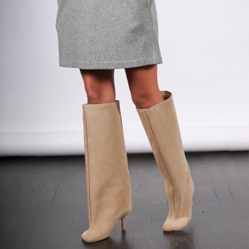 41lfmHJZFWL.jpg Women's Knee High Boots Nude Suede Wide Calf Stiletto Long Boots Pull On High Heel Riding Boots Fahion Dress Fall Tall Boots