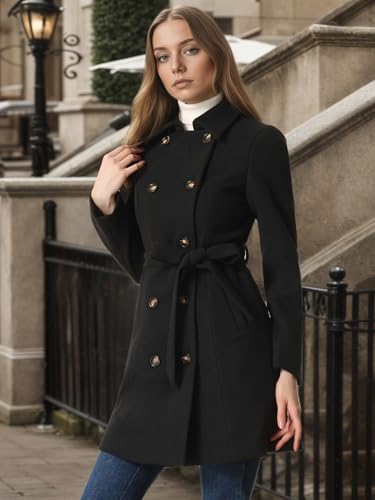 Winter Trench Coat for Women Overcoat Belted Outwear Double Breasted Mid Long Pea Coat