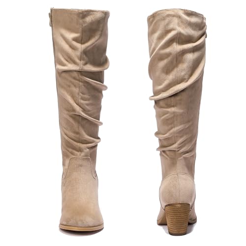 Women's Extra Wide Calf Slouchy Knee High Boots, Wide Width Knee-High Boots Low Stacked Heel Side Zipper Winter Fall Tall Boots.