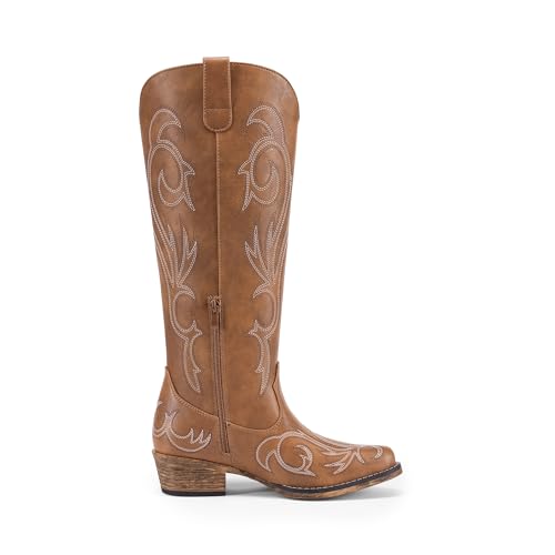 41mwtd1ha7L.jpg Womens Cowboy Boots Comfortable Cowgirl Knee High Boots Pull On Side Zipper Chunky Heel Embroidered Western Boots