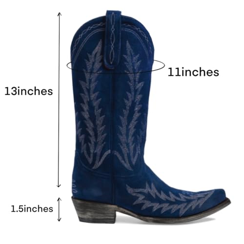 Vintage Embroidered Cowboy Boots Women Mid Calf Western Boots Suede Low Chunky Stacked Heel Square-Pointy Toe Short Cowgirl
