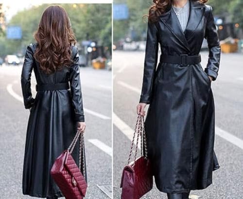 41pD9rSMnxL.jpg Women's Trench Coat Leather Lambskin Long Overcoat Jacket Real Genuine Black-Red For Women