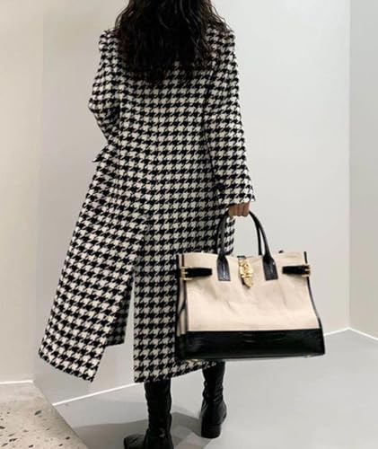 Women's Winter Houndstooth Double Breasted Trench Coat Notch Lapel Wool Blend Warm Quilted Lined Long Overcoat