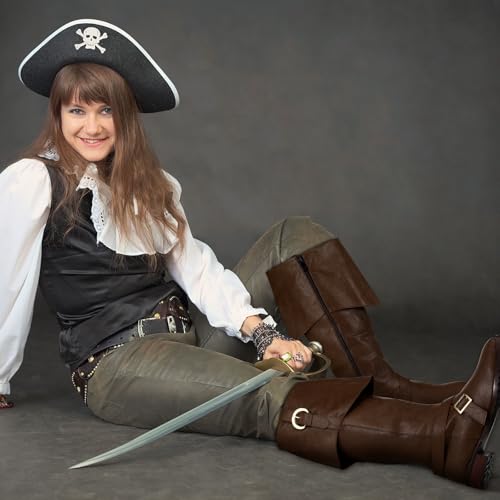 Pirate Boots Men Medieval Renaissance Boots Halloween Costume Caribbean Leather Long Shoes Women Riding Cosplay