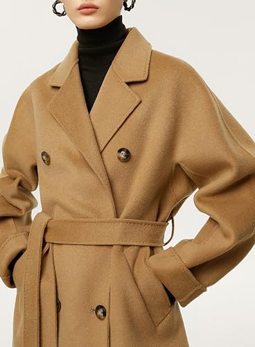 100 Wool Double-faced Women Wool Blend Coat Double-breasted Casual Cashmere Coat Belted Trench Jacket with Pockets