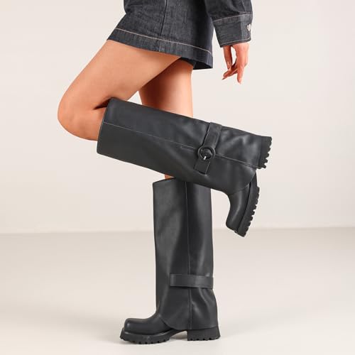 Knee High Boots Women Platform Knee High Boots for Women Square Toe Fold Over Dress Long Tall Boots