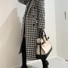 Women's Winter Houndstooth Double Breasted Trench Coat Notch Lapel Wool Blend Warm Quilted Lined Long Overcoat
