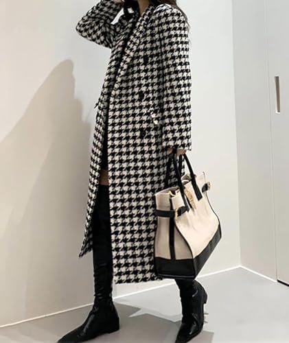 Women's Winter Houndstooth Double Breasted Trench Coat Notch Lapel Wool Blend Warm Quilted Lined Long Overcoat