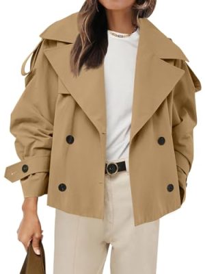 Womens Cropped Trench Coat Casual Double Breasted Short Jacket Fall Fashion Outerwear with Belt