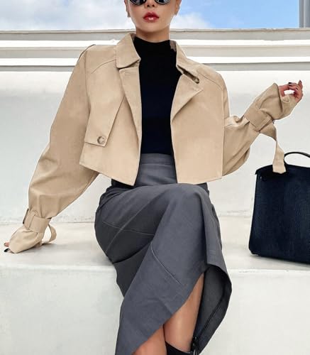 41rqjoURVL.jpg Women's Cropped Trench Coat Long Sleeve Casual Jacket Classic Double-Breasted Lapel Overcoat Fashion Outerwear