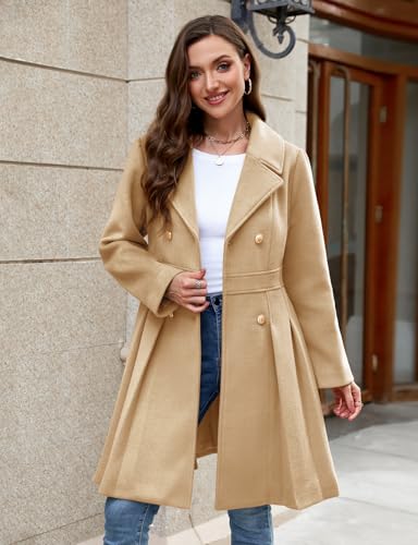 Women’s Wool Blend Trench Coat Slim Double Breasted Notch Lapel Pea Coat Thick A Line Jacket with Pockets(S-XXL)