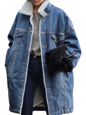 41v5OV7xAEL.jpg Women Long Sherpa Fleece Lined Jeans Jacket Denim Trench Coat Thicken Button Down Patchwork Trucker Coat Overcoat