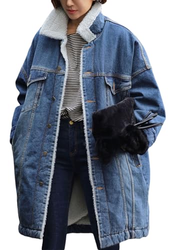 41v5OV7xAEL.jpg Women Long Sherpa Fleece Lined Jeans Jacket Denim Trench Coat Thicken Button Down Patchwork Trucker Coat Overcoat
